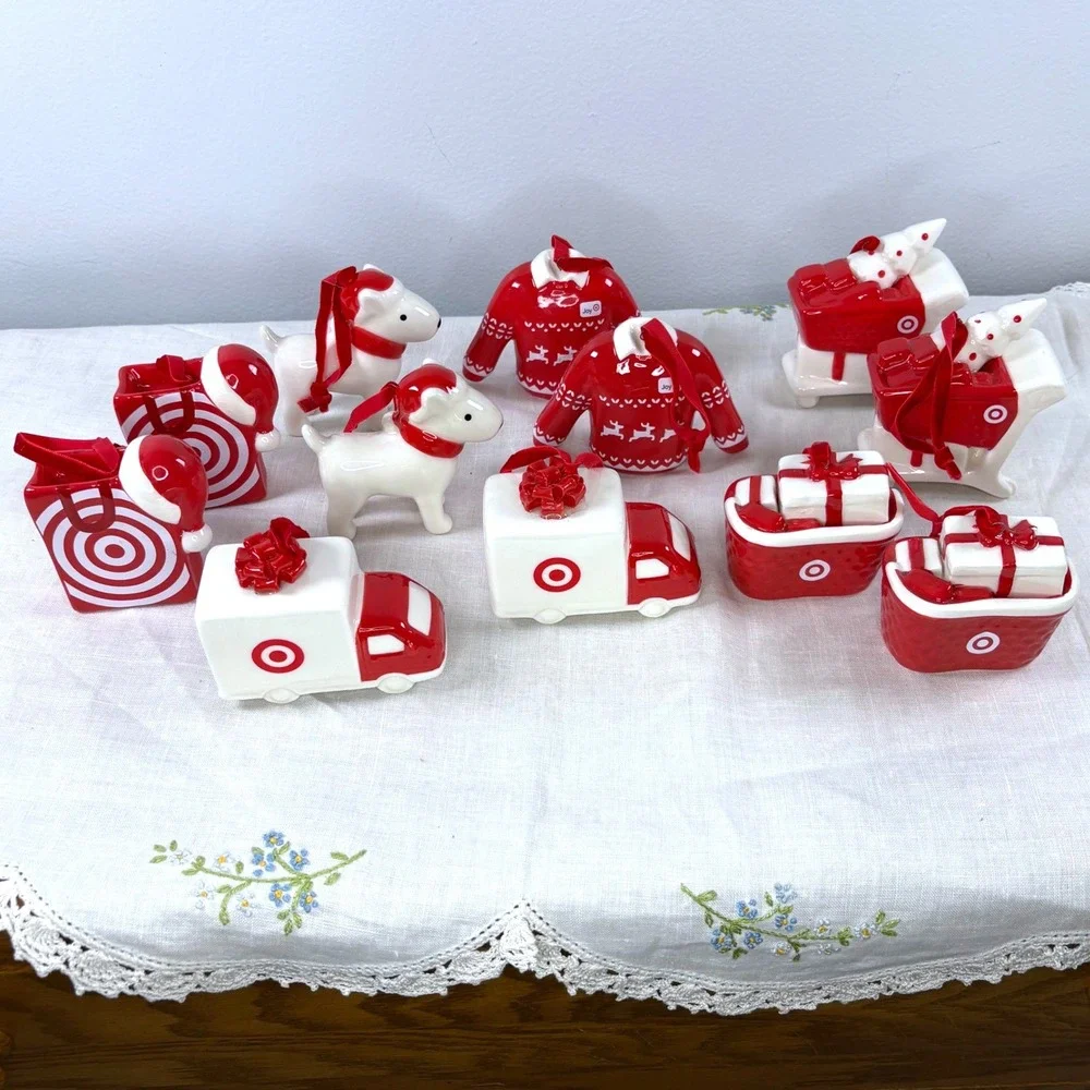 Target Ceramic Christmas Ornaments 12pc Set Red White Dog